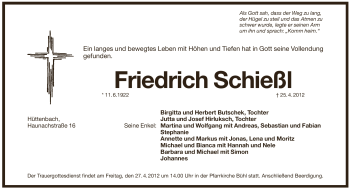 Traueranzeige von Friedrich Schießl von Pegnitz-Zeitung